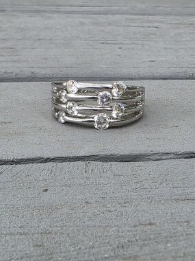 Silver Multi-Row Crystal Accent Ring - Size 10